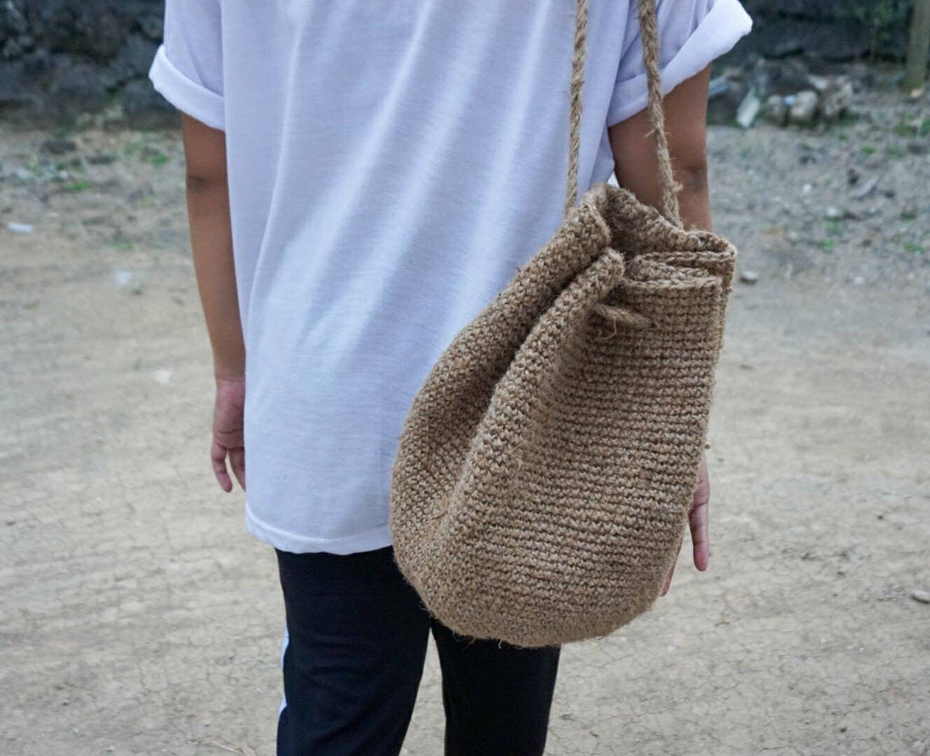 Small Jute Crochet Bucket Backpack – Handmade Gift