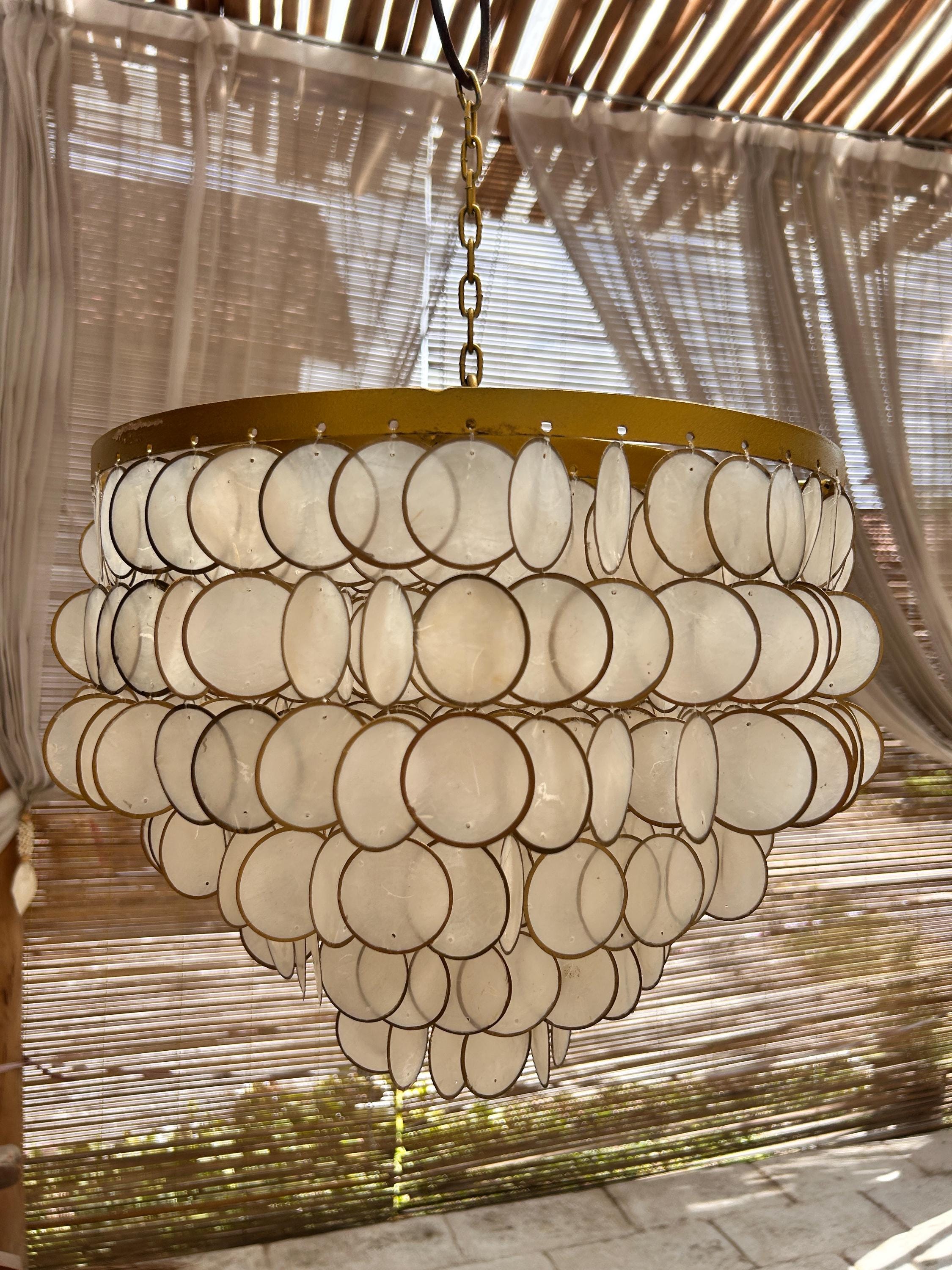 Luxurious Gold Capiz Pendant Light | Elegant Coastal Shell Chandelier | Modern Beach House Lighting | Glam Dining Room Lamp