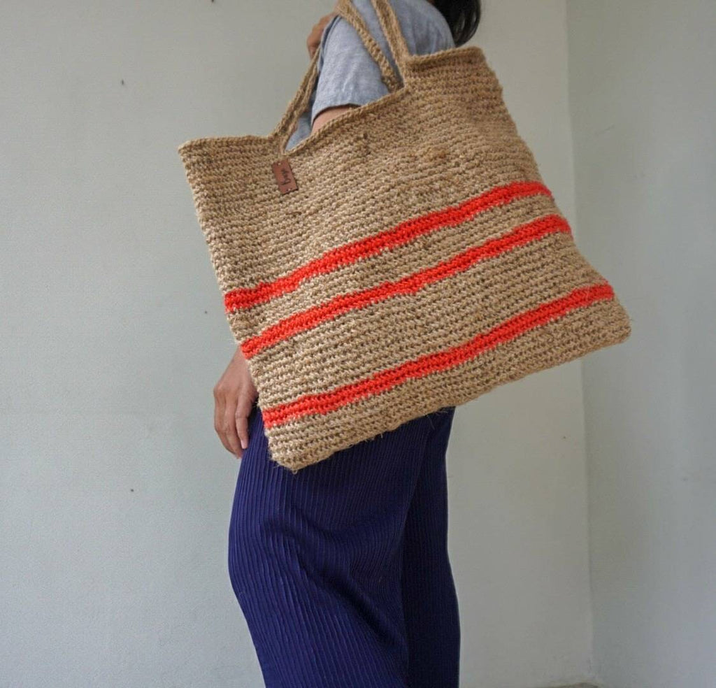 Large Jute Crochet Shoulder Tote Bag with Stripe Detail