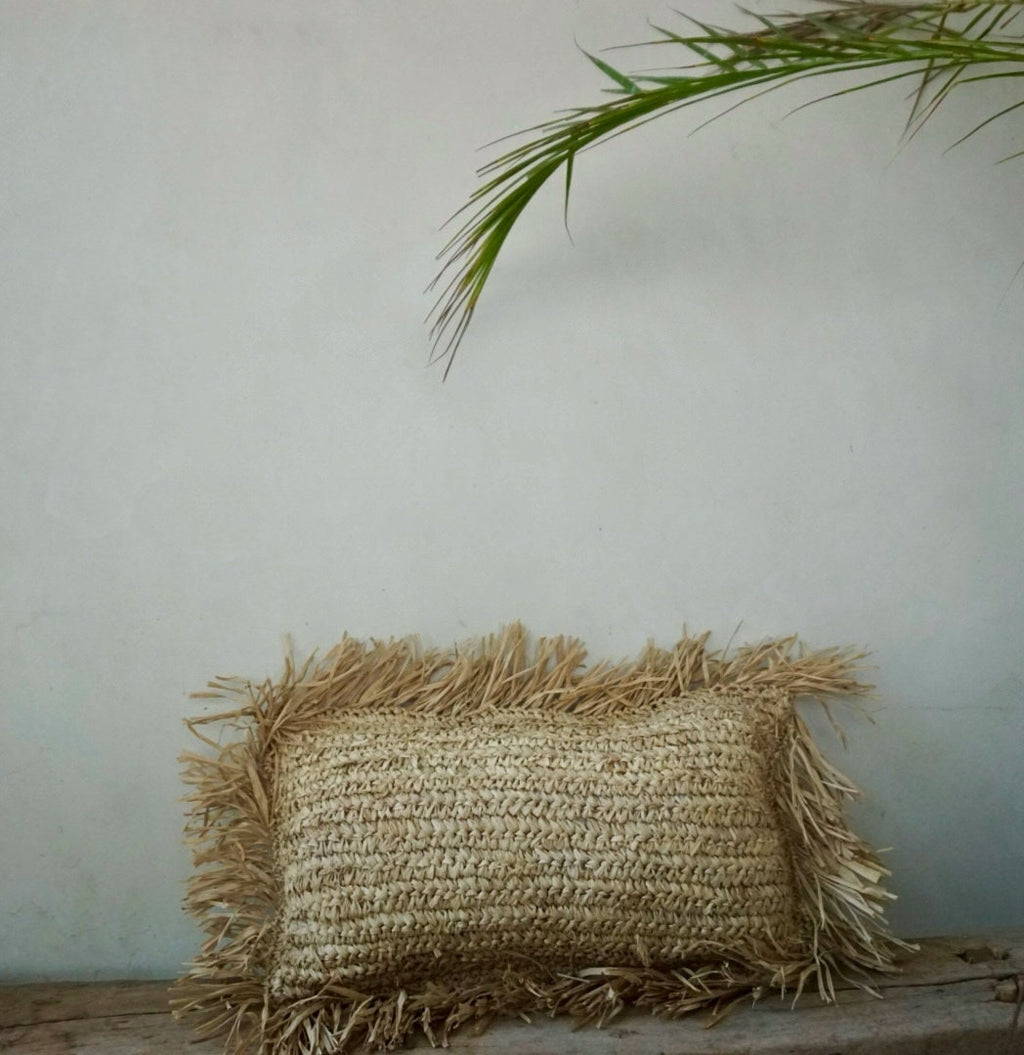 Lumbar Boho Raffia Fringes Pillow Cover