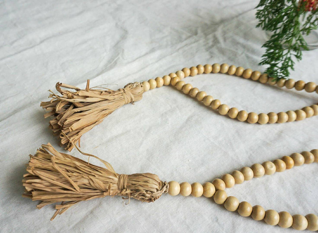 Set of 2 Natural Elegance: Wooden Bead Garland Curtain Tieback | Rustic Charm Wooden Bead Drapery Tie with tassel
