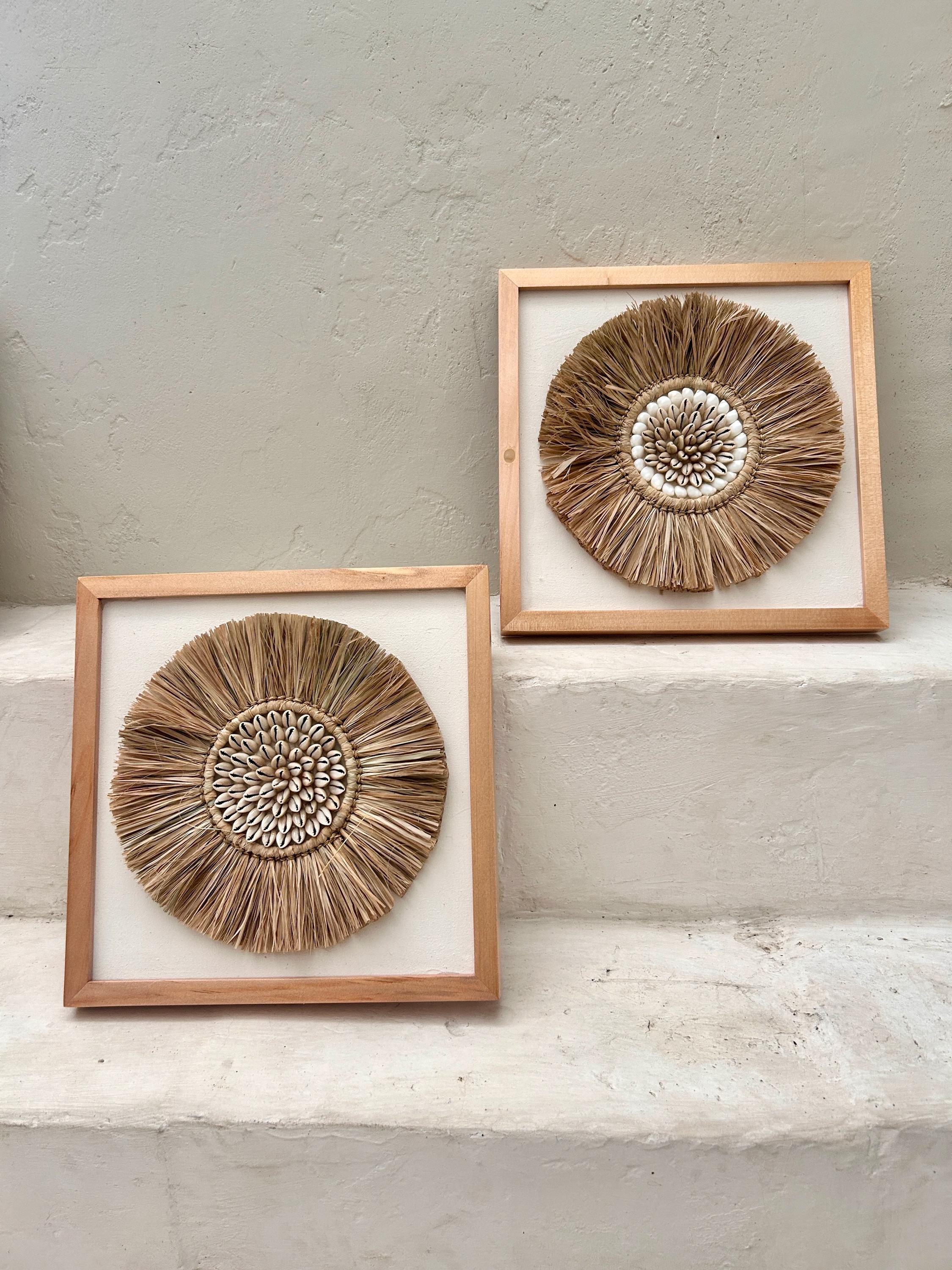 Handmade Seashell Wall Art with Raffia – Framed Boho Coastal Beach House Decor