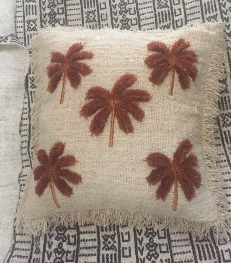 Embroidered Palm Pillow Cover with White Fringe