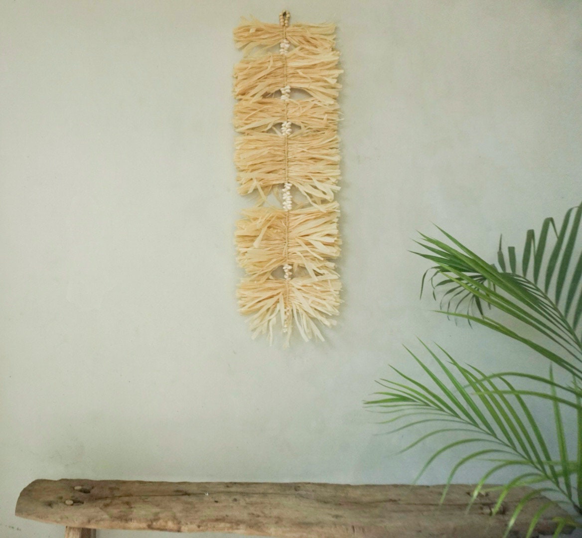 Small Sea Shell & Raffia Wall Hanging – Boho Beach House Decor