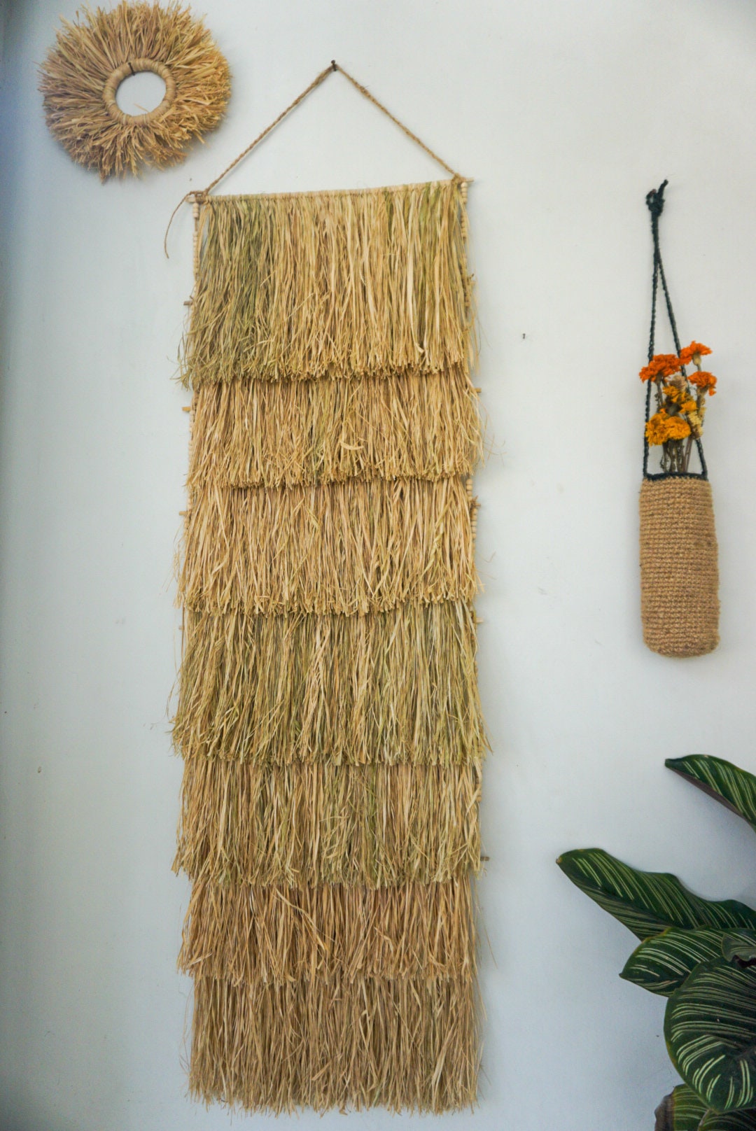 Bali Art seagrass layered wall hanging | adjustable large fringe raffia wall decoration | boho wall tapestry bali