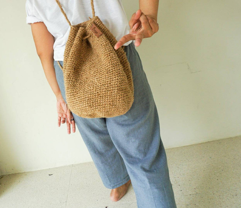 Small Jute Crochet Bucket Backpack – Handmade Gift