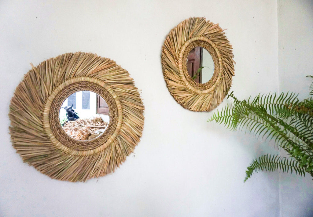 Set of 2 Coastal Charm Raffia Beach House Mirror | beach wall mirror | seagrass round mirror | boho mirror raffia wall hanging