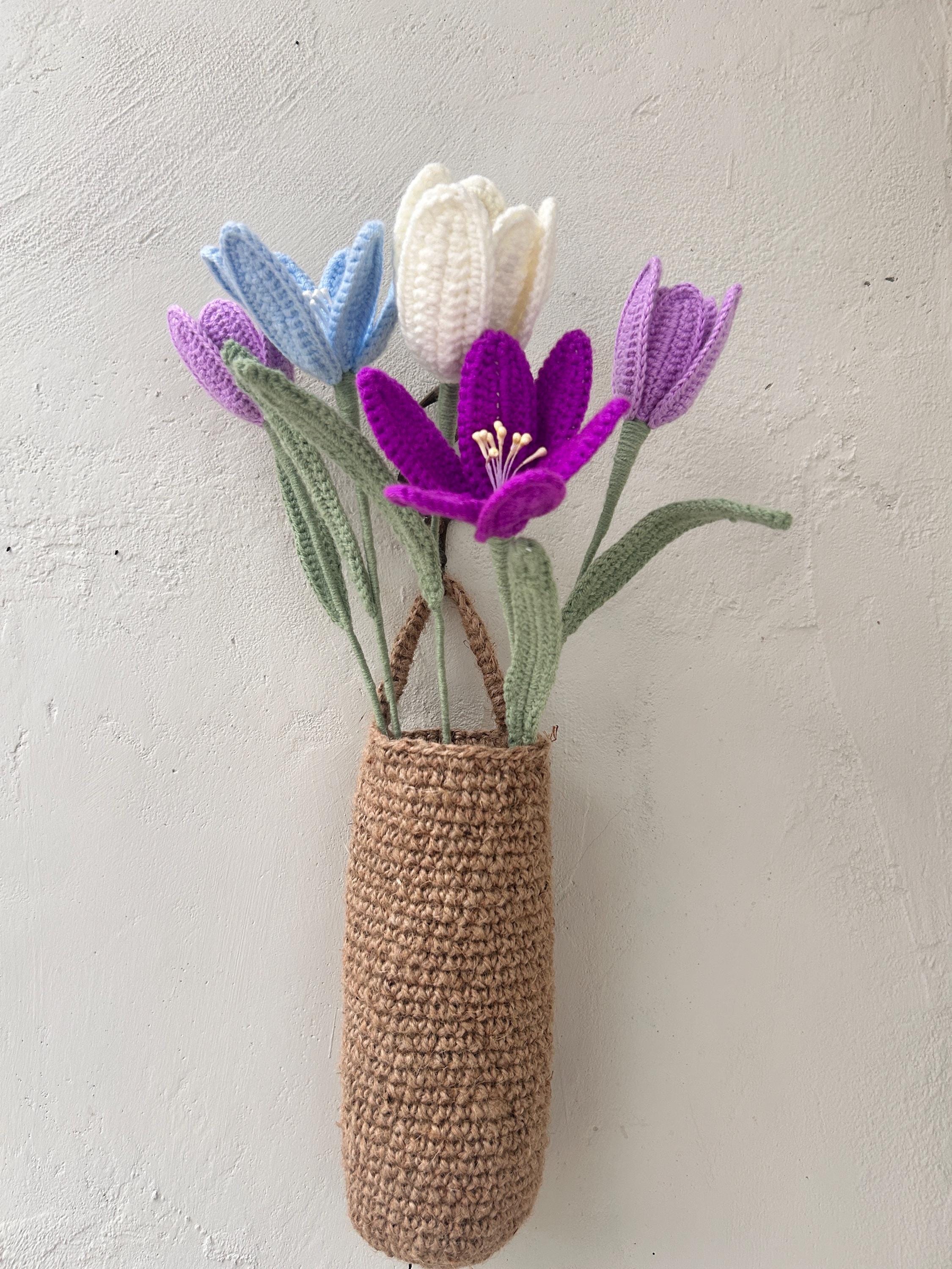 Crochet Tulip Wall Hanging Set – Handmade Vase with 5 Flowers