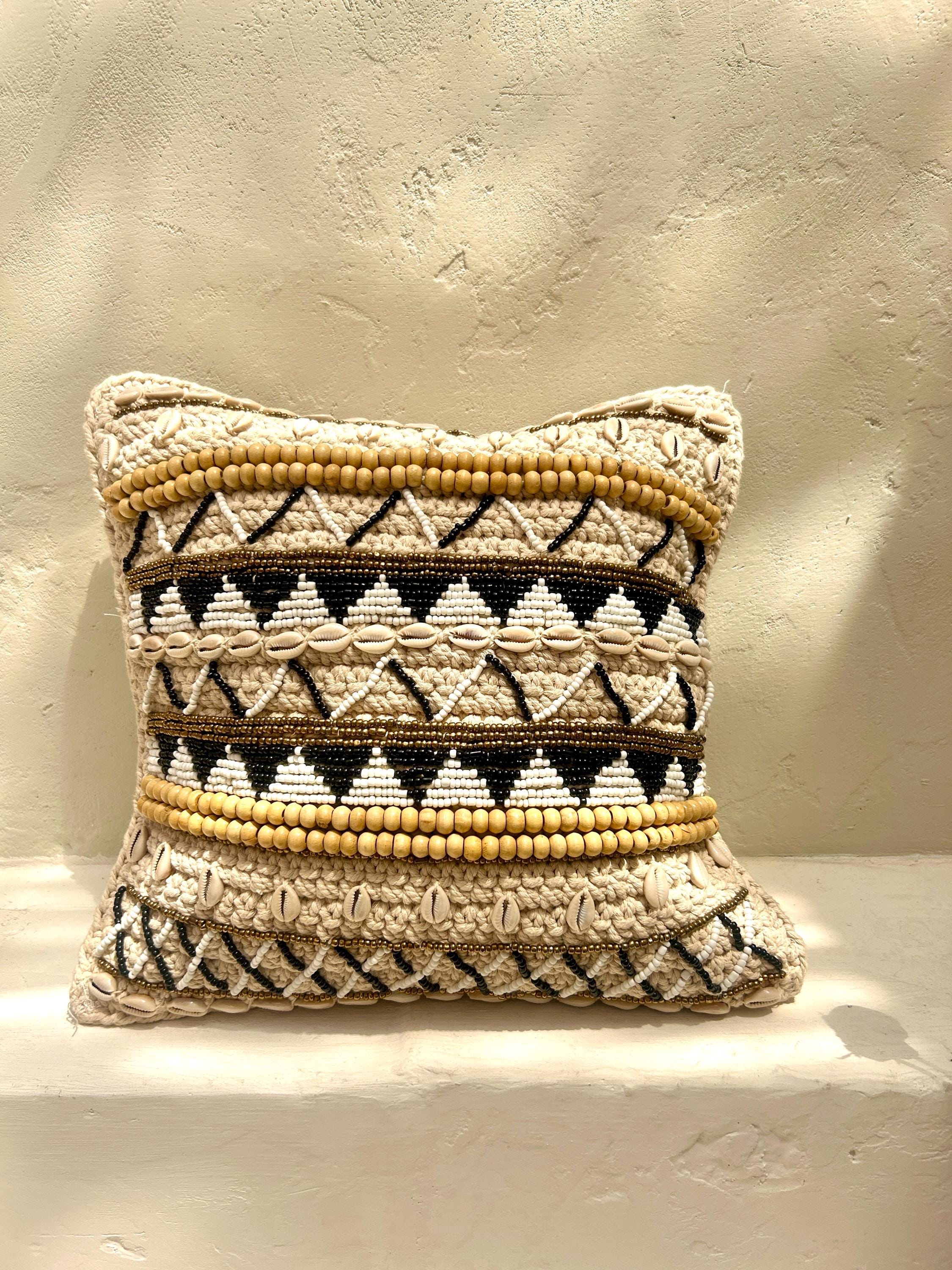 Black - Brown Boho Beaded Throw Pillow Cover | Decorative Pillow Cover | Beach House Pillow