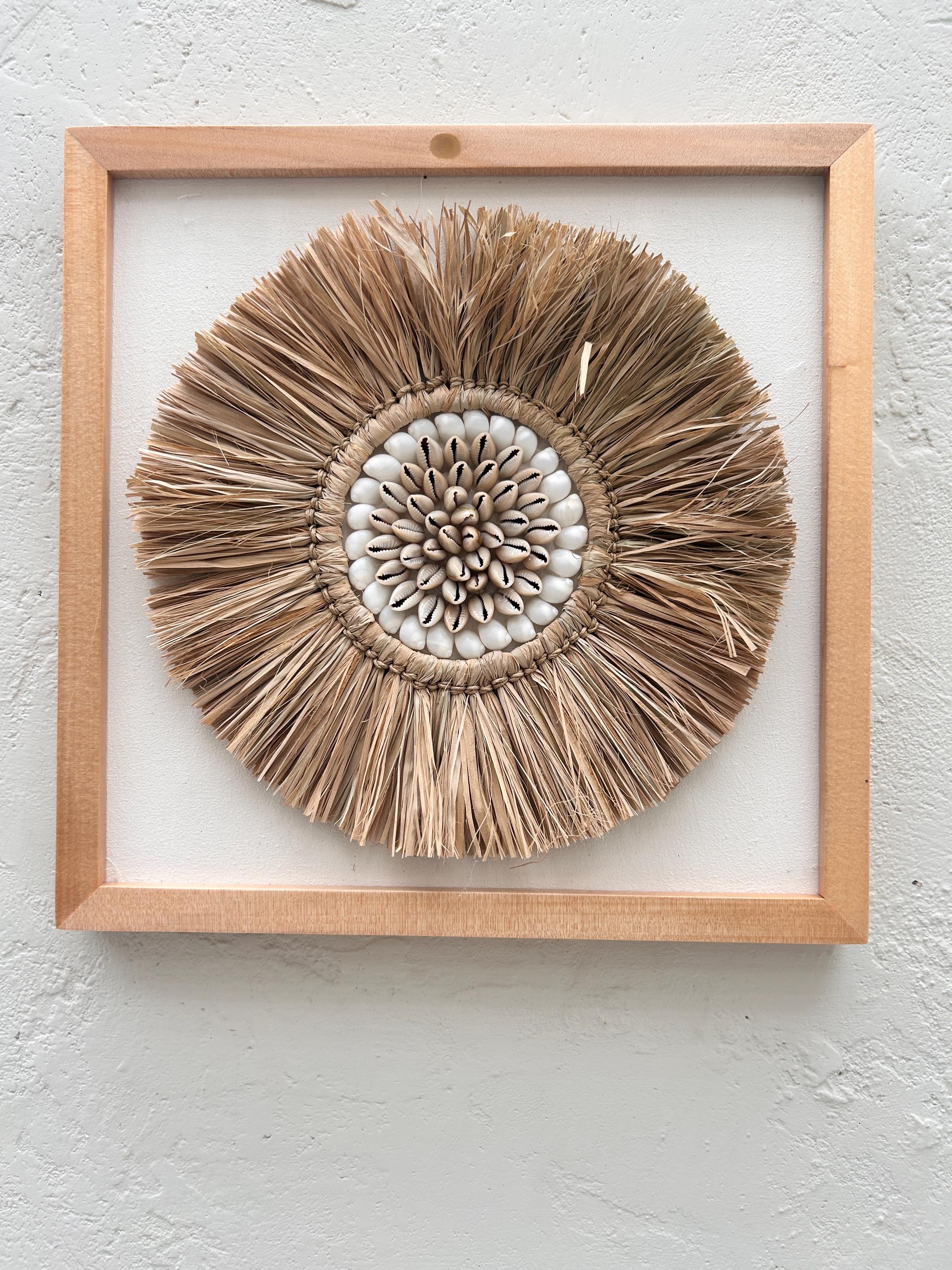 Handmade Seashell Wall Art with Raffia – Framed Boho Coastal Beach House Decor