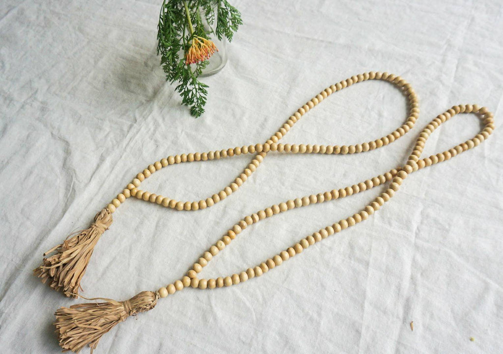 Set of 2 Natural Elegance: Wooden Bead Garland Curtain Tieback | Rustic Charm Wooden Bead Drapery Tie with tassel