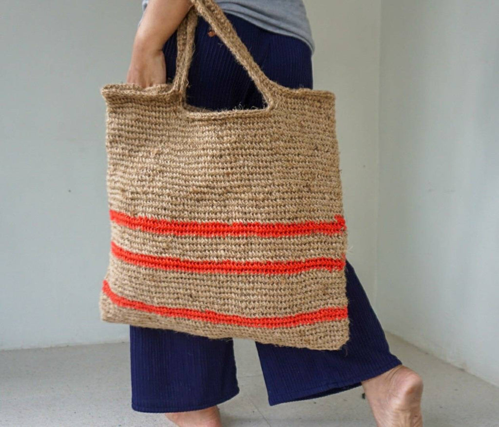 Large Jute Crochet Shoulder Tote Bag with Stripe Detail