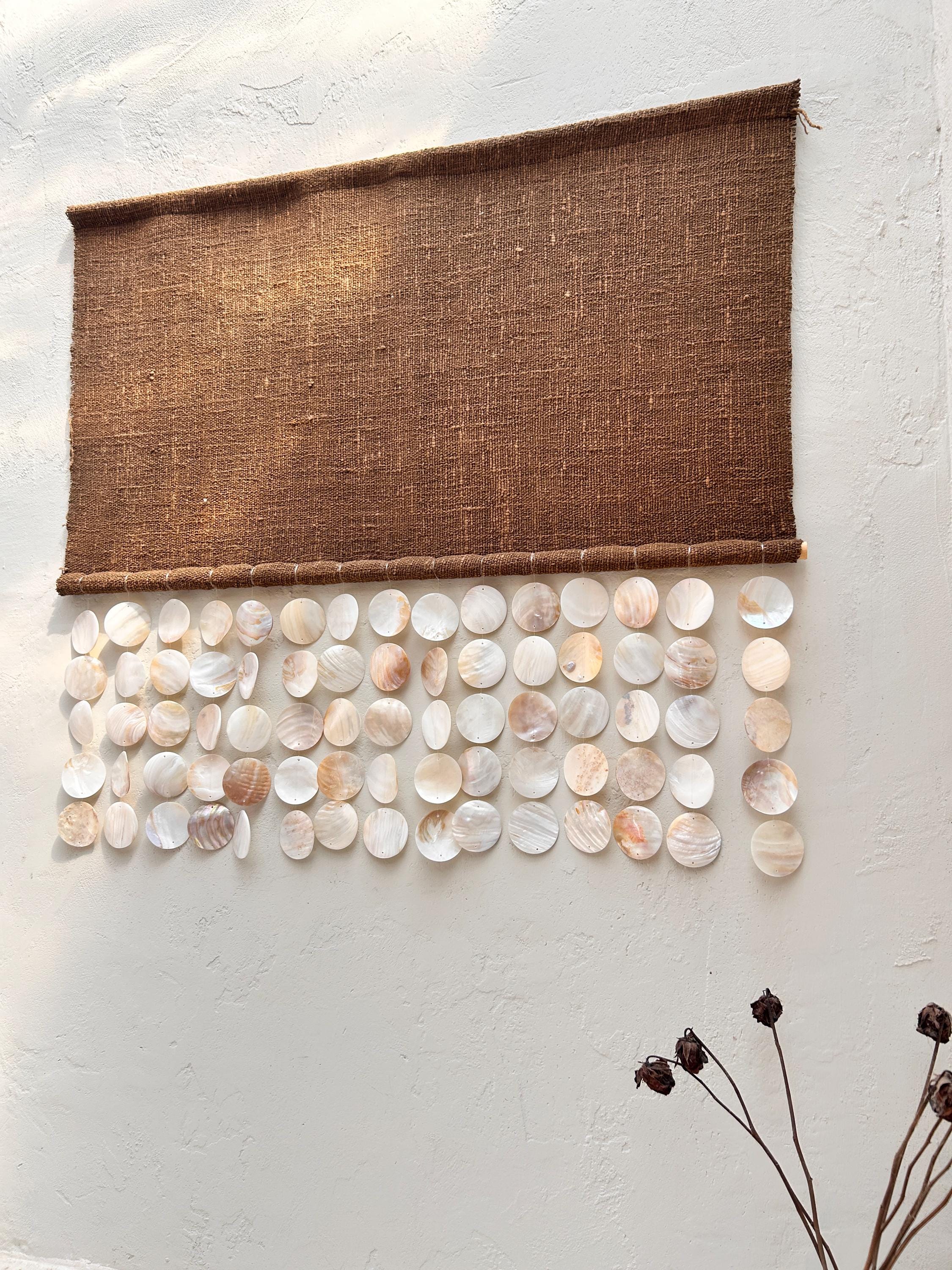 Mother of Pearl & Brown Tapestry Wall Hanging – Coastal Boho Seashell Art, Beach House Wall Decor, Wabi Sabi Textured Home Accent