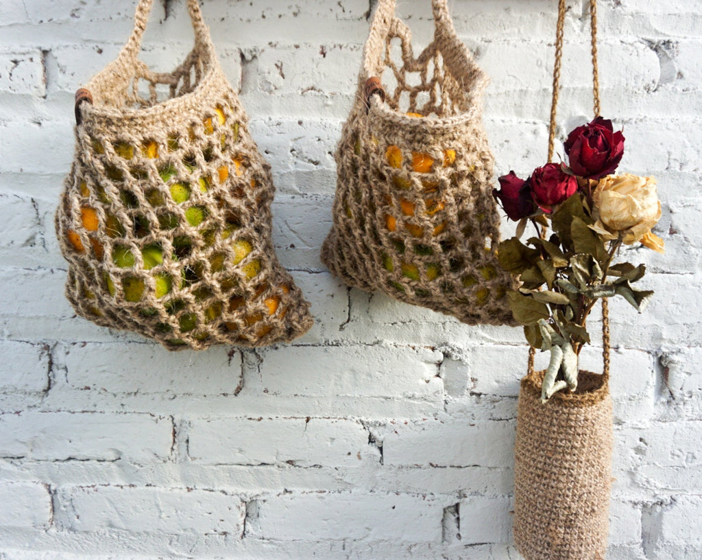 Jute fruit hanging basket for fall | vegetable jute mesh hanging basket | handmade kitchen hanging basket