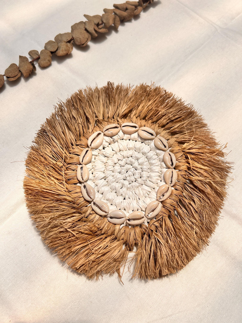 Handmade Raffia Coaster with Cowrie Shells