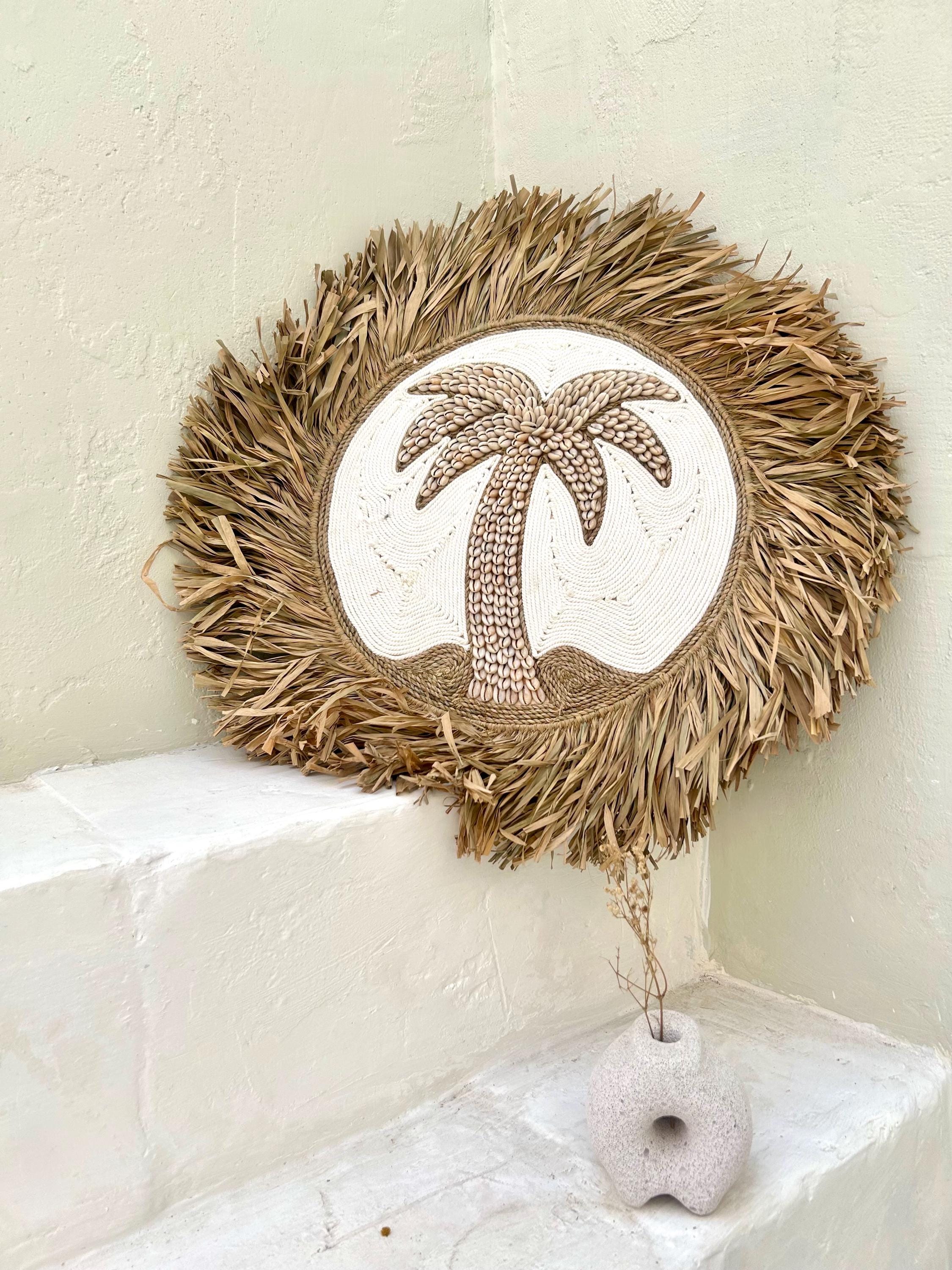 Sea Shells Palm with Raffia fringes boho wall hanging