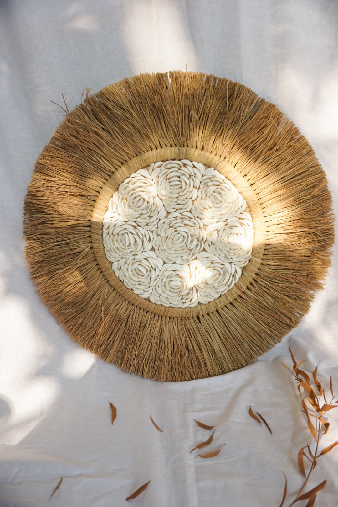 Handmade White Shell Flower Wall Decor in Seagrass & Raffia