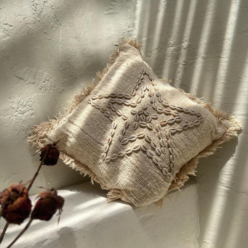 Boho White Shells Pillow Cover – Coastal Handmade Decor