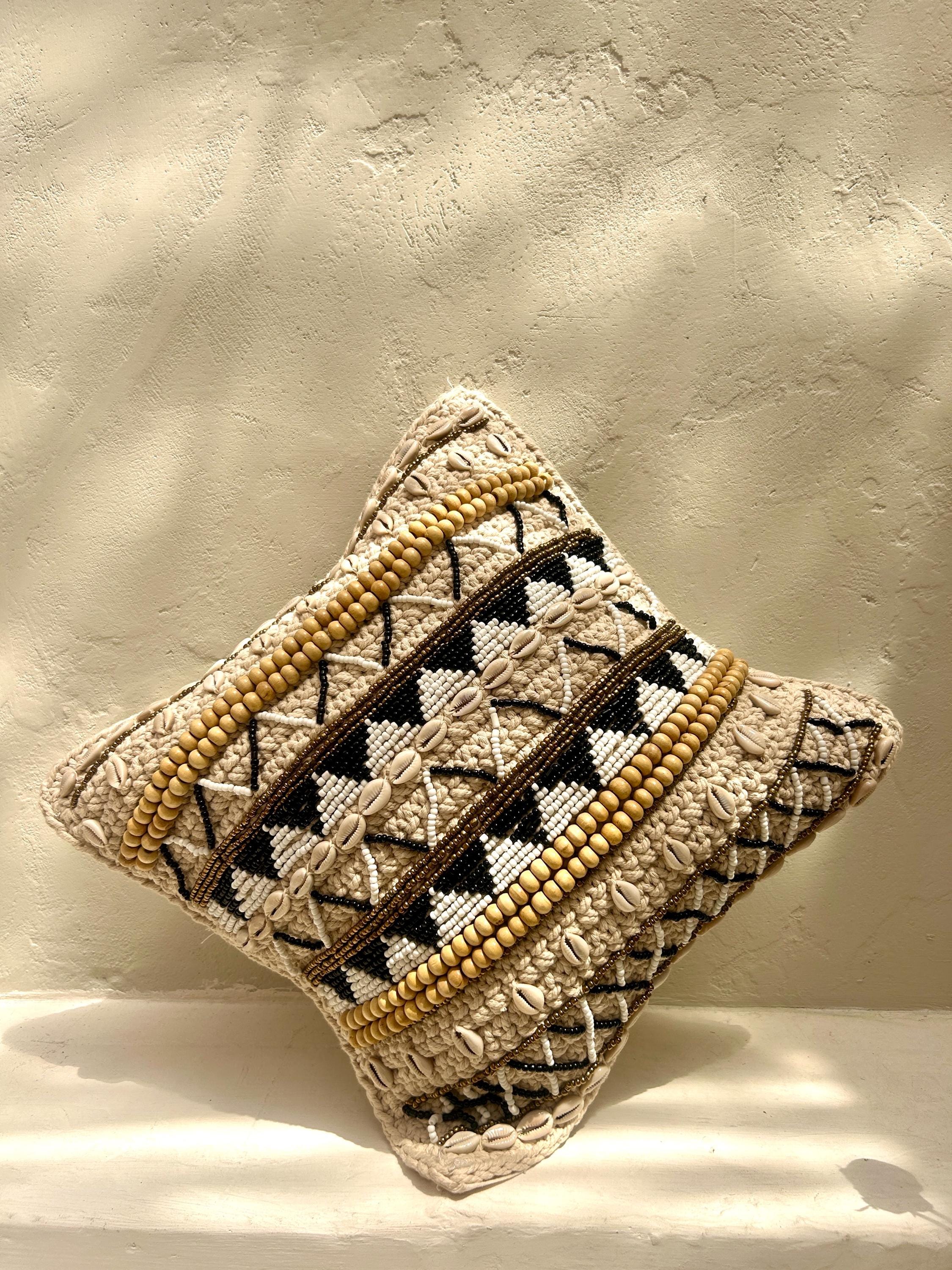 Black - Brown Boho Beaded Throw Pillow Cover | Decorative Pillow Cover | Beach House Pillow