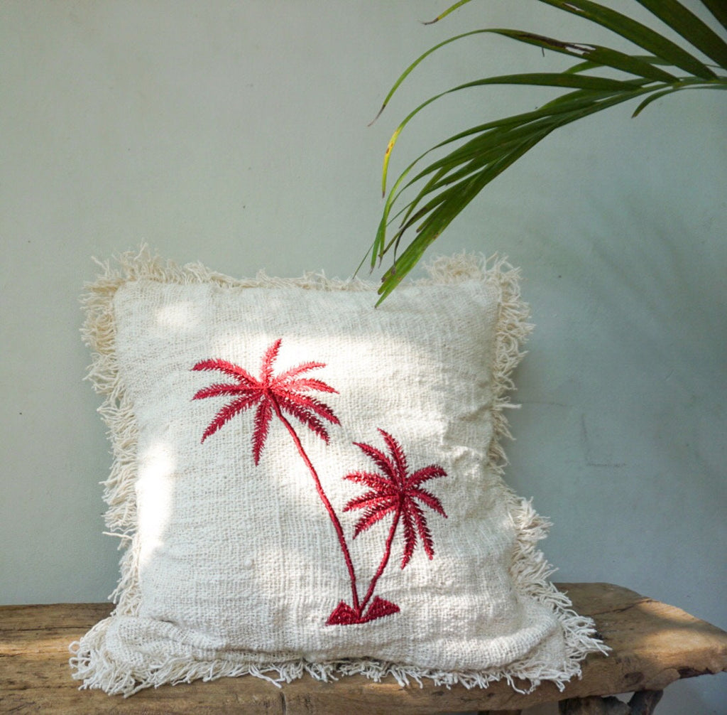 Coastal Boho Palm Embroidered Pillow Cover
