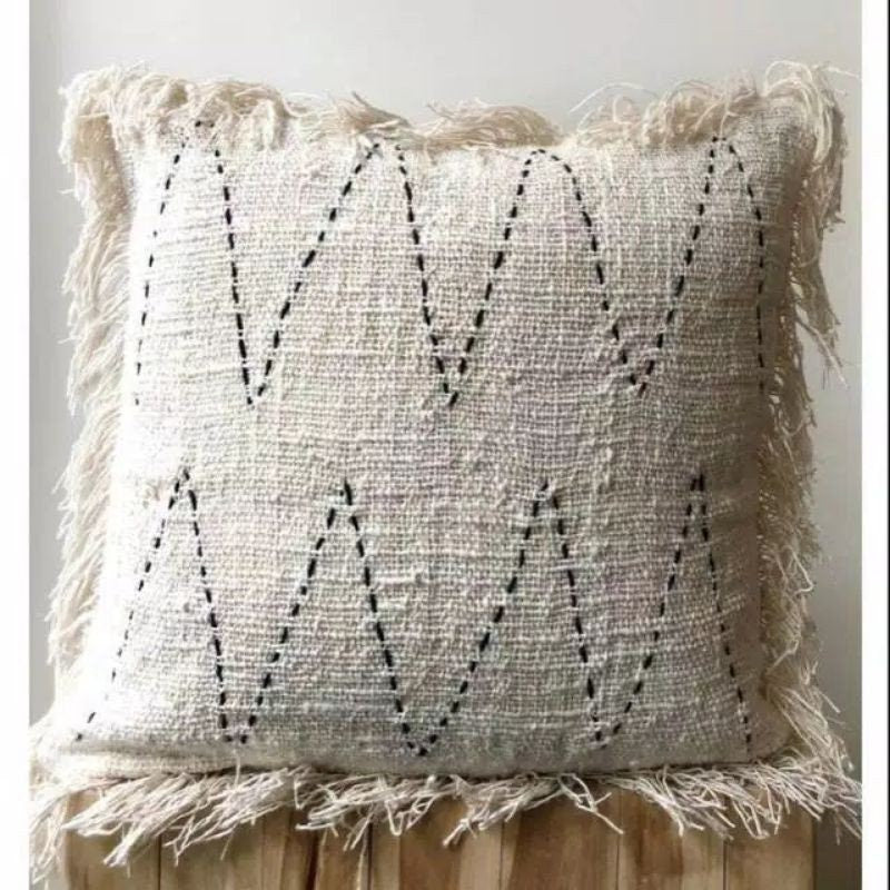 White Boho Pillow Cover with Fringe
