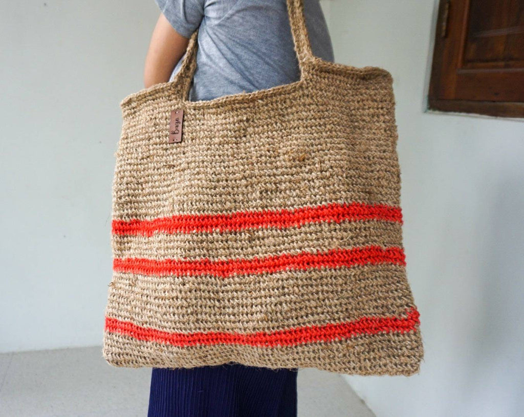 Large Jute Crochet Shoulder Tote Bag with Stripe Detail
