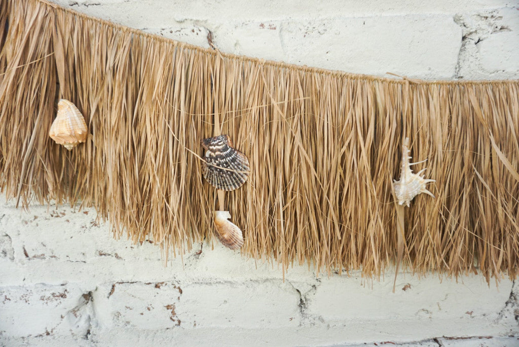 Boho Hawaiian Sea Shells Wall Hanging with Raffia Fringe