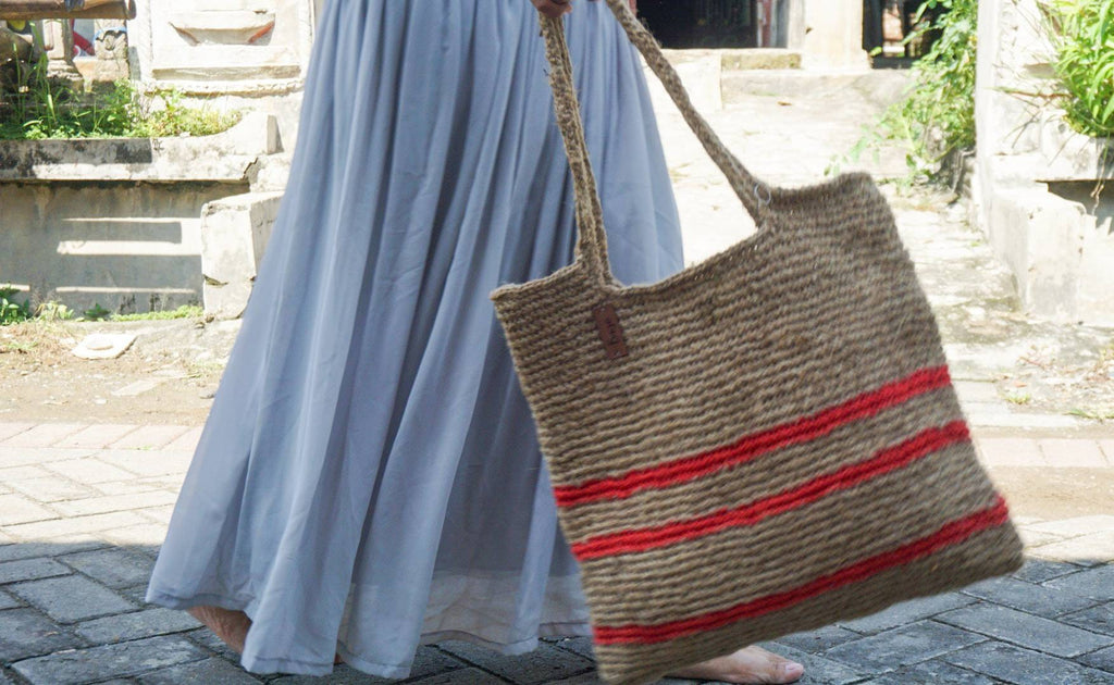 Large Jute Crochet Shoulder Tote Bag with Stripe Detail