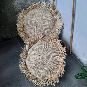 Round Boho Raffia Throw Pillow Cover
