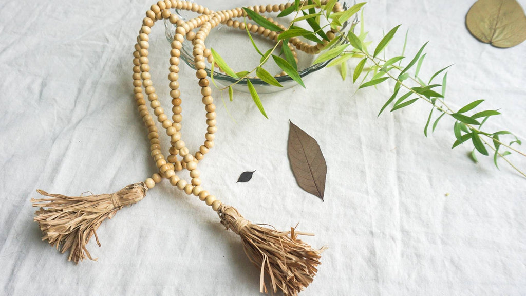 Set of 2 Natural Elegance: Wooden Bead Garland Curtain Tieback | Rustic Charm Wooden Bead Drapery Tie with tassel
