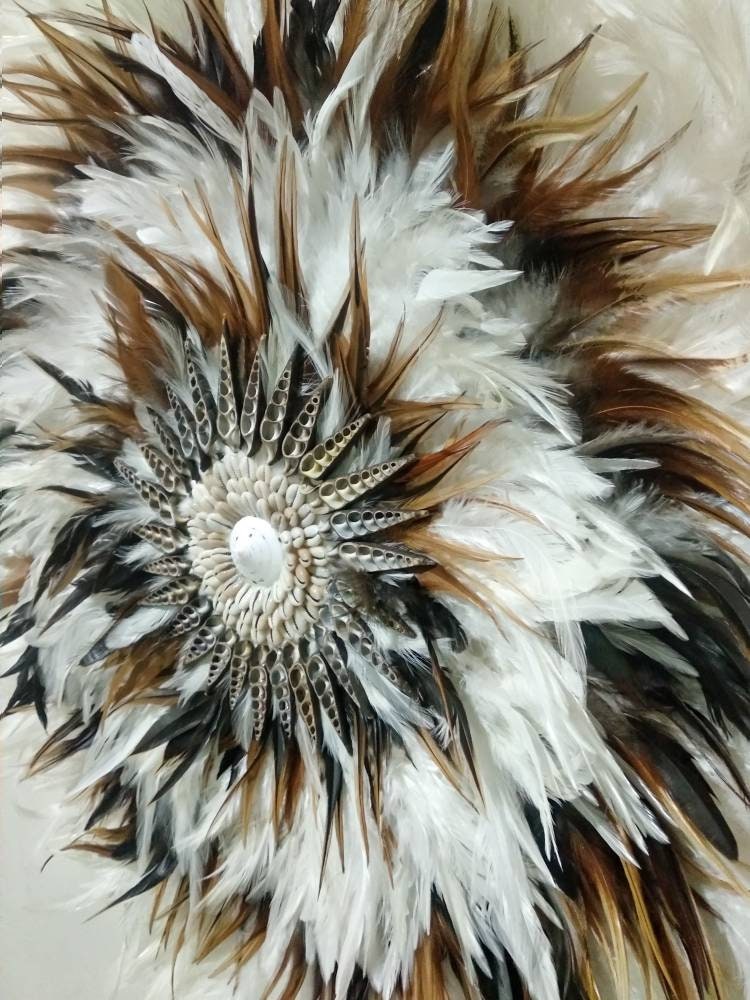 White and Brown Juju Hat Wall Decor | jujuhat sea shell wall hanging | large jujuhat decor
