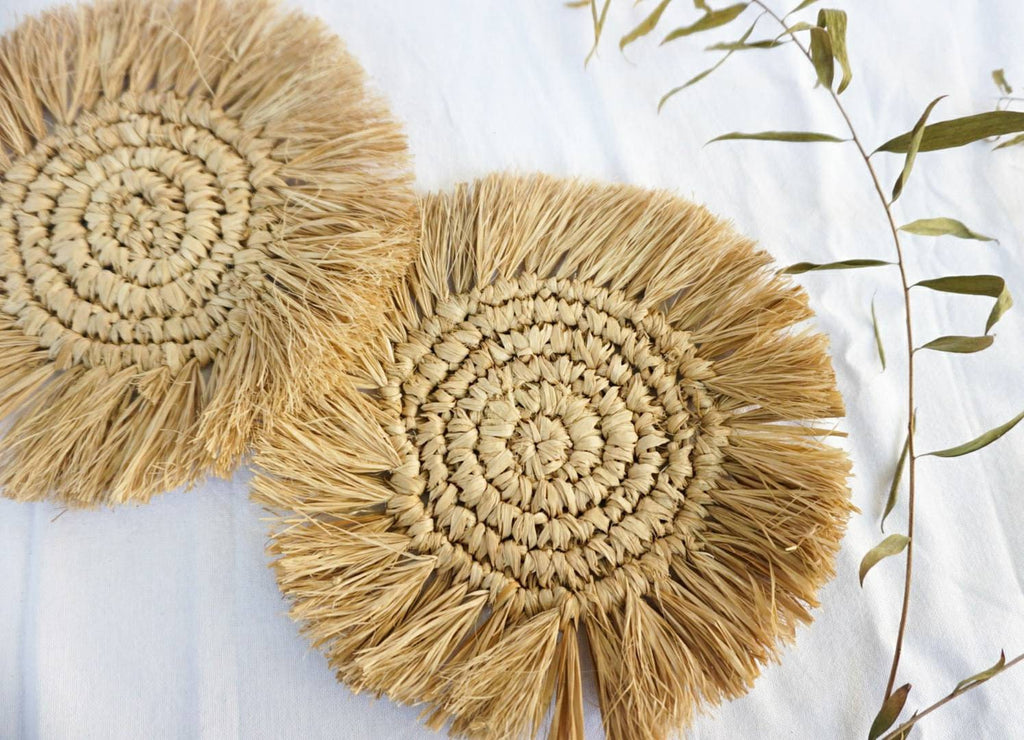 Handmade Round Raffia Coaster Set with Fringe