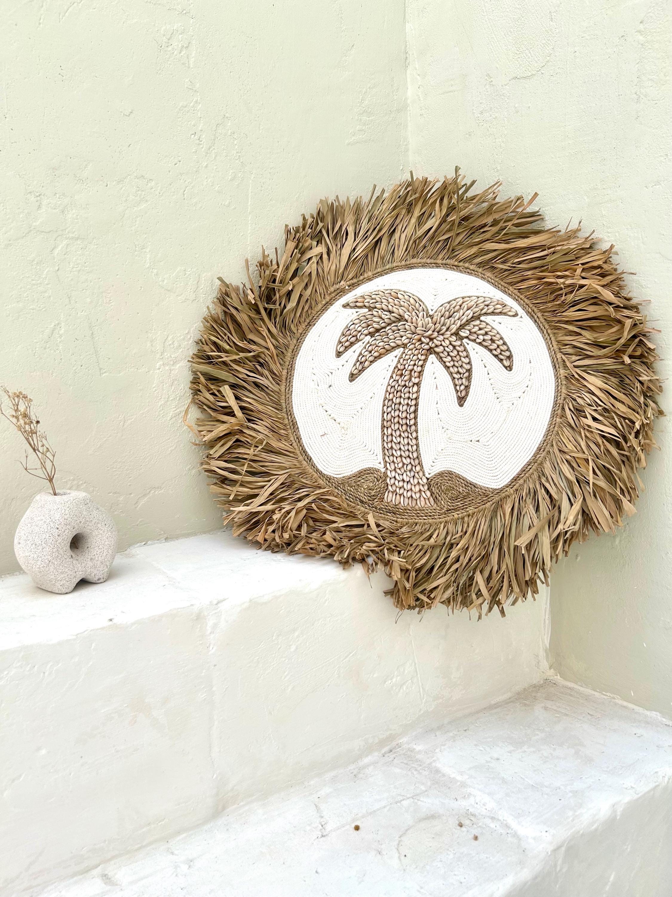 Sea Shells Palm with Raffia fringes boho wall hanging