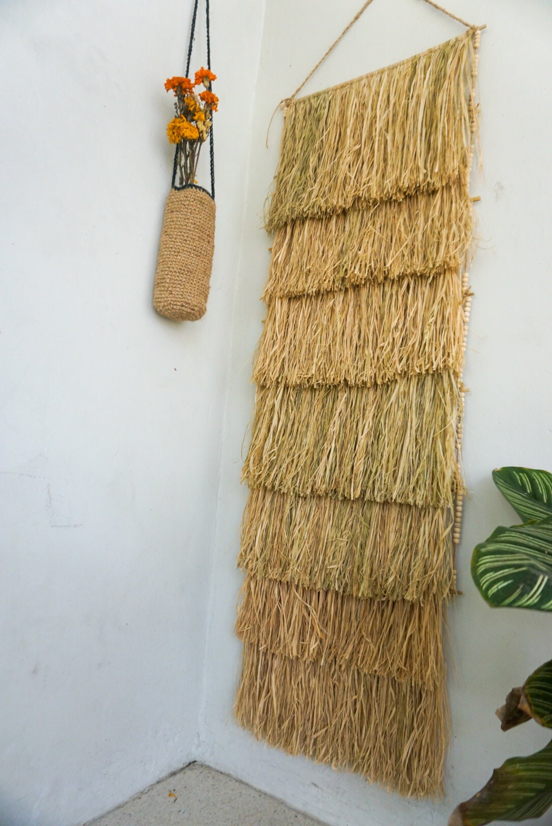 Bali Art seagrass layered wall hanging | adjustable large fringe raffia wall decoration | boho wall tapestry bali