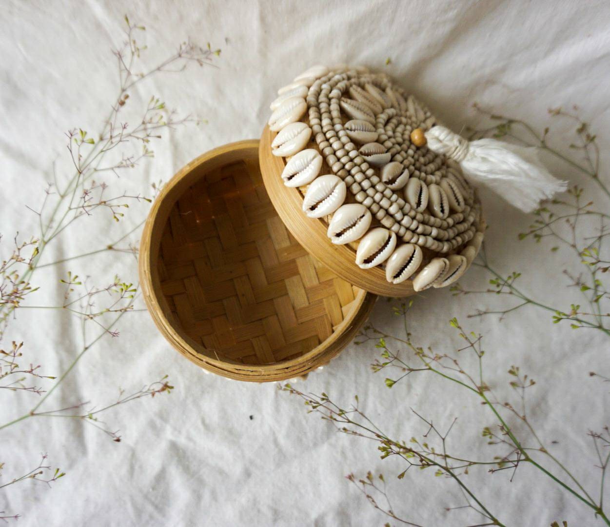 Balinese Bamboo Basket with Sea Shell Beads – Decorative Accent