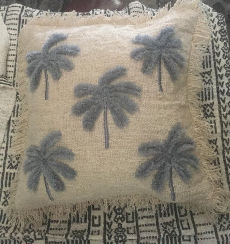 Embroidered Palm Pillow Cover with White Fringe