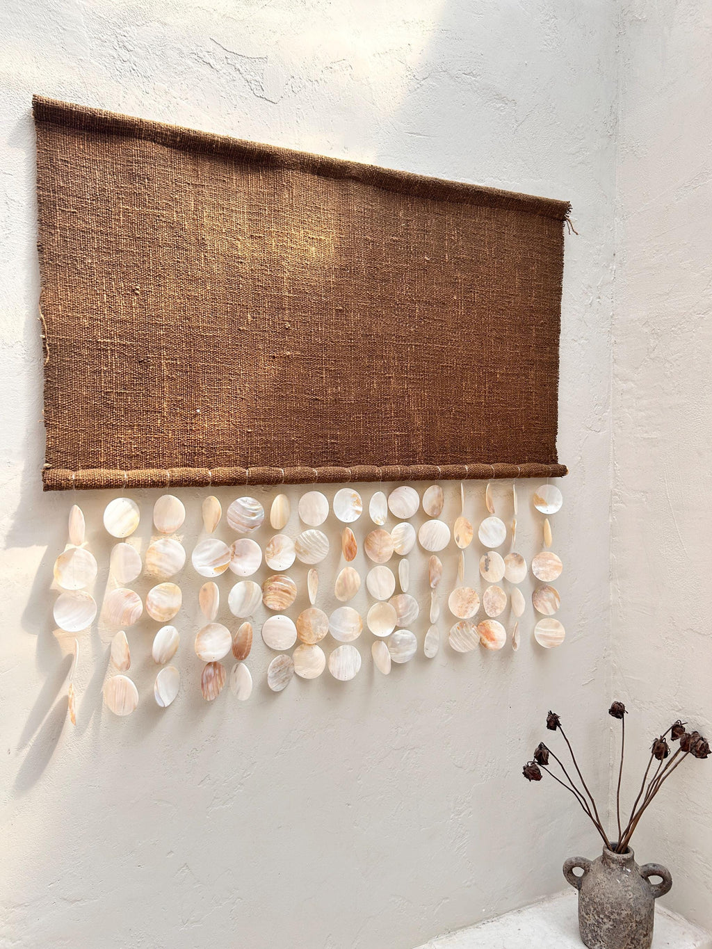 Mother of Pearl & Brown Tapestry Wall Hanging – Coastal Boho Seashell Art, Beach House Wall Decor, Wabi Sabi Textured Home Accent