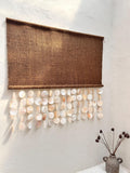 Mother of Pearl & Brown Tapestry Wall Hanging – Coastal Boho Seashell Art, Beach House Wall Decor, Wabi Sabi Textured Home Accent