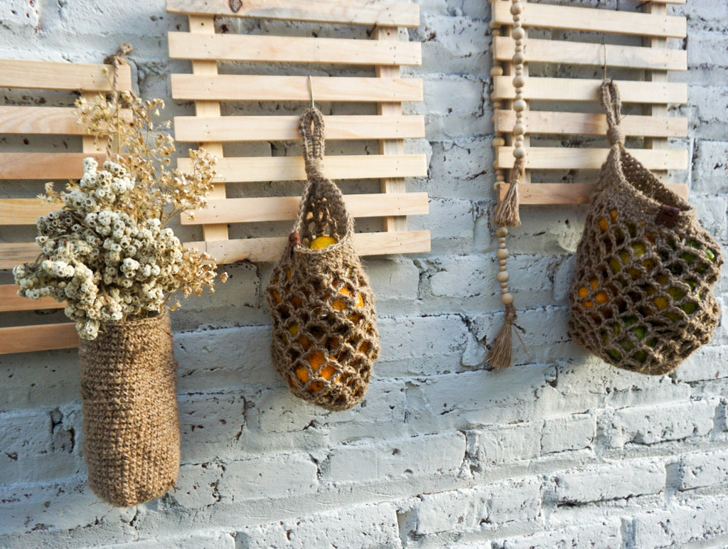 Jute Mesh Hanging Basket – Handmade Farmhouse Kitchen Storage