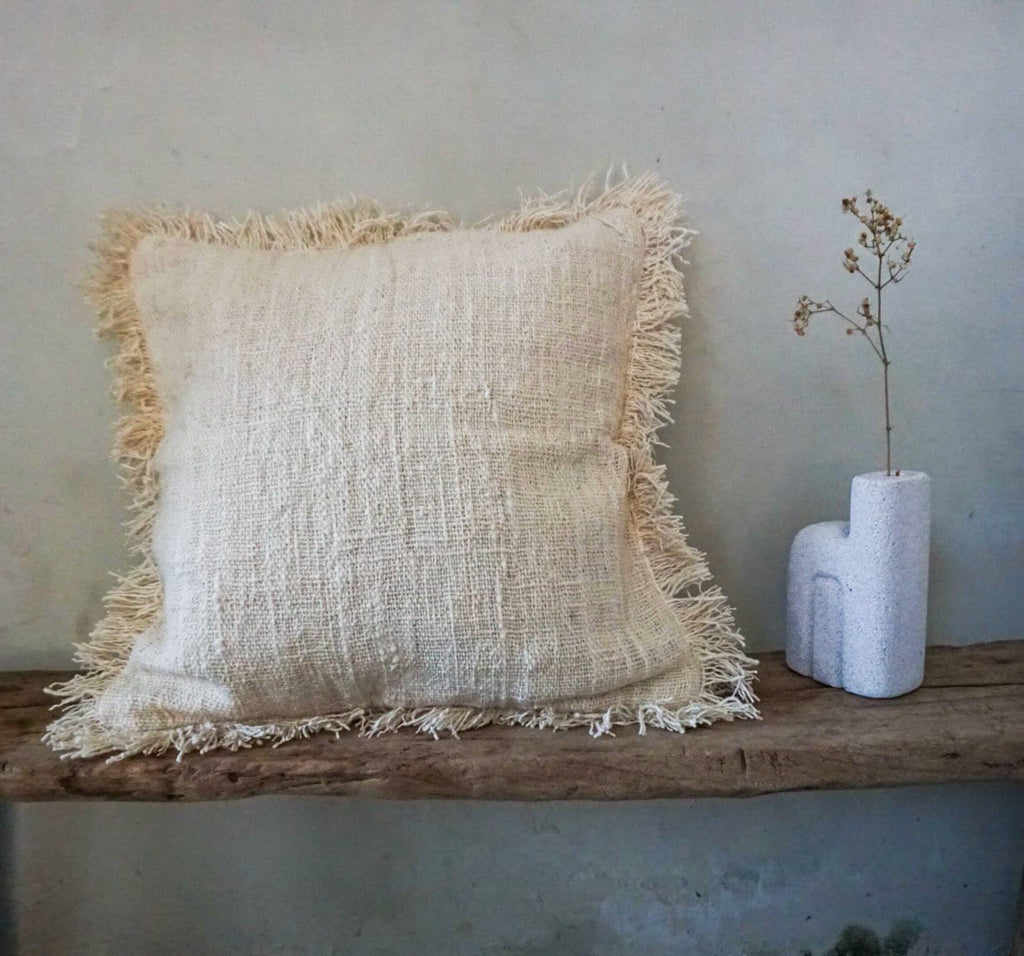Boho White Pillow Cover with Fringe