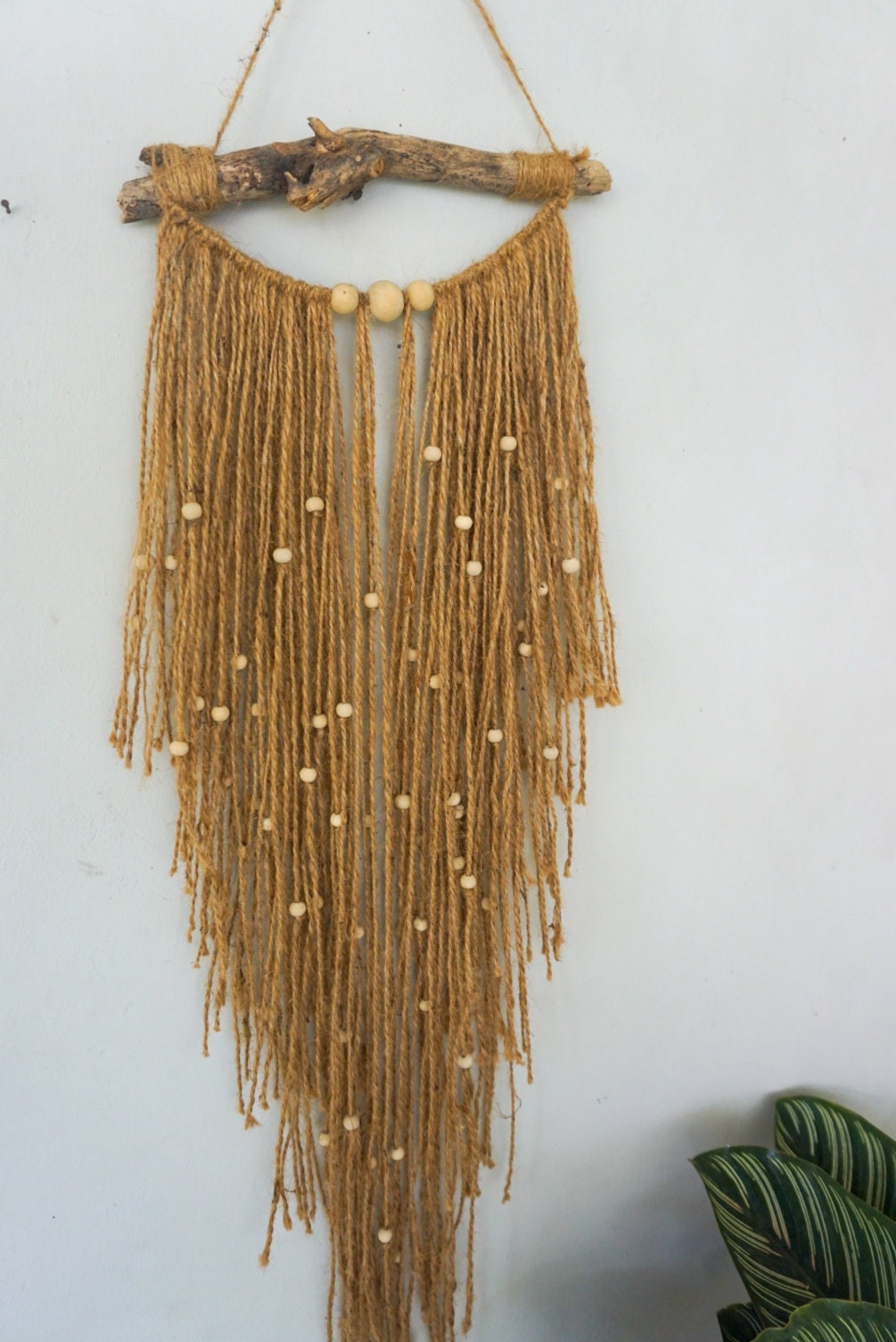 Driftwood Jute Macramé Wall Hanging with Wooden Beads