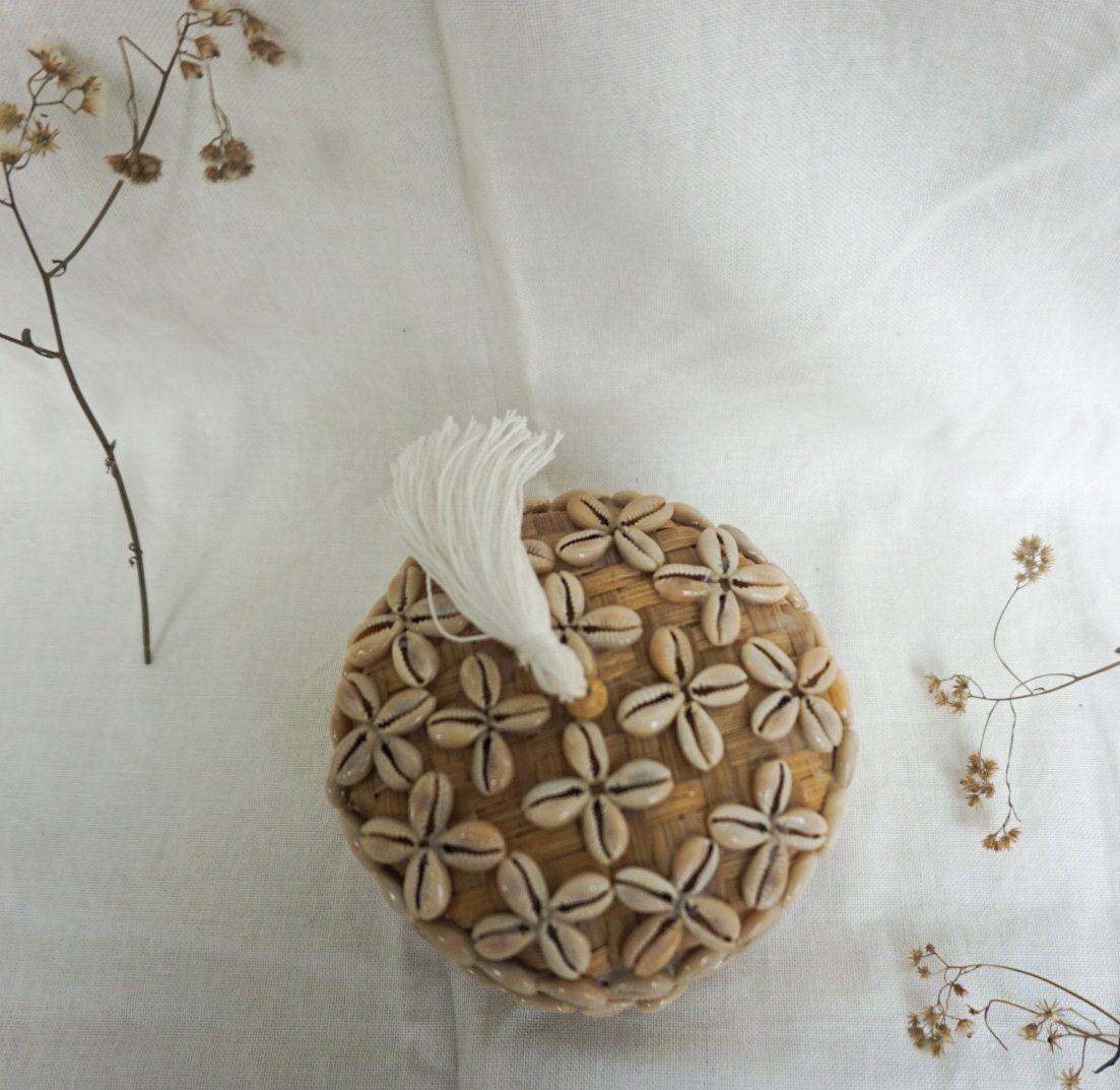 Bamboo Balinese decorative basket | beaded sea shell basket | Balinese bamboo basket