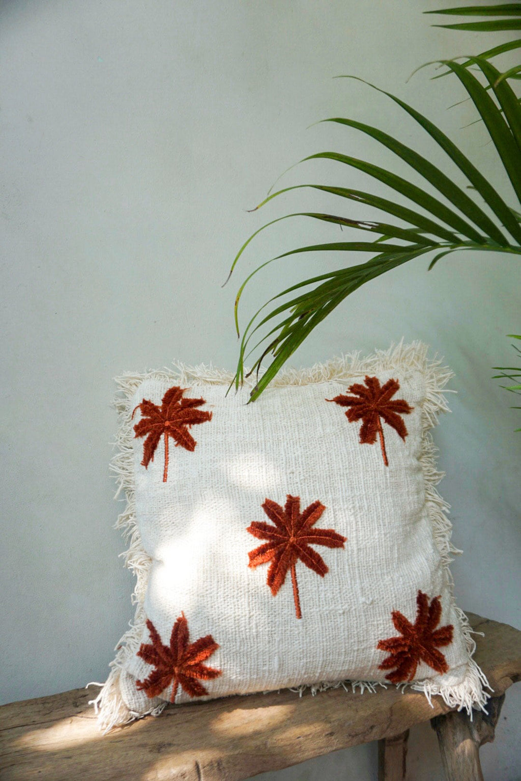 Embroidered Palm Pillow Cover with White Fringe