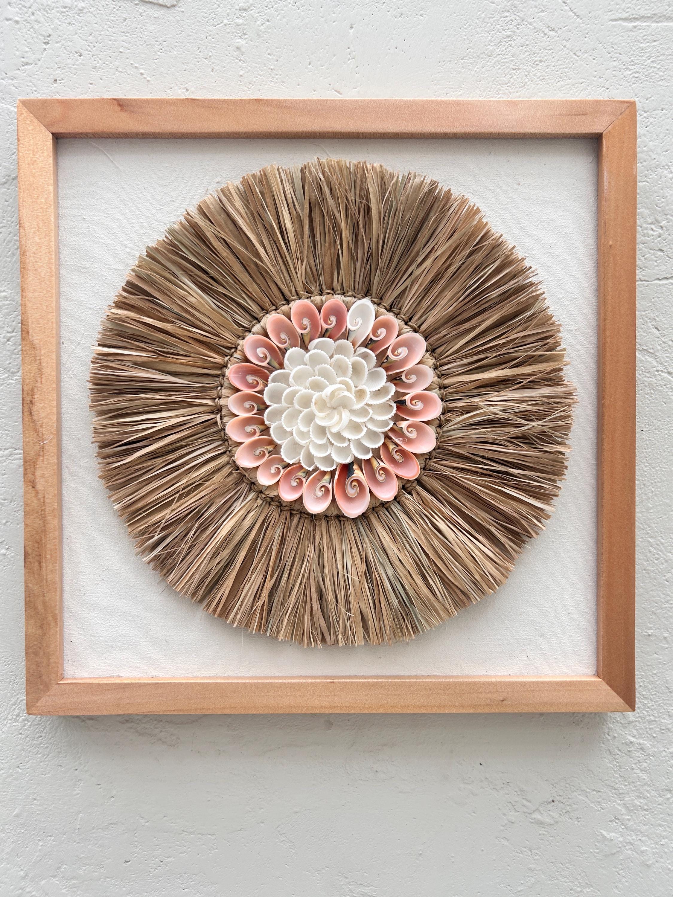 Handmade Seashell Wall Art with Raffia – Framed Boho Coastal Beach House Decor