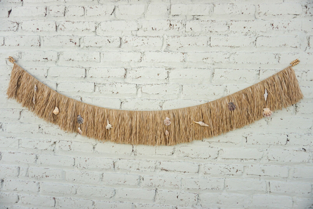 Boho Hawaiian Sea Shells Wall Hanging with Raffia Fringe