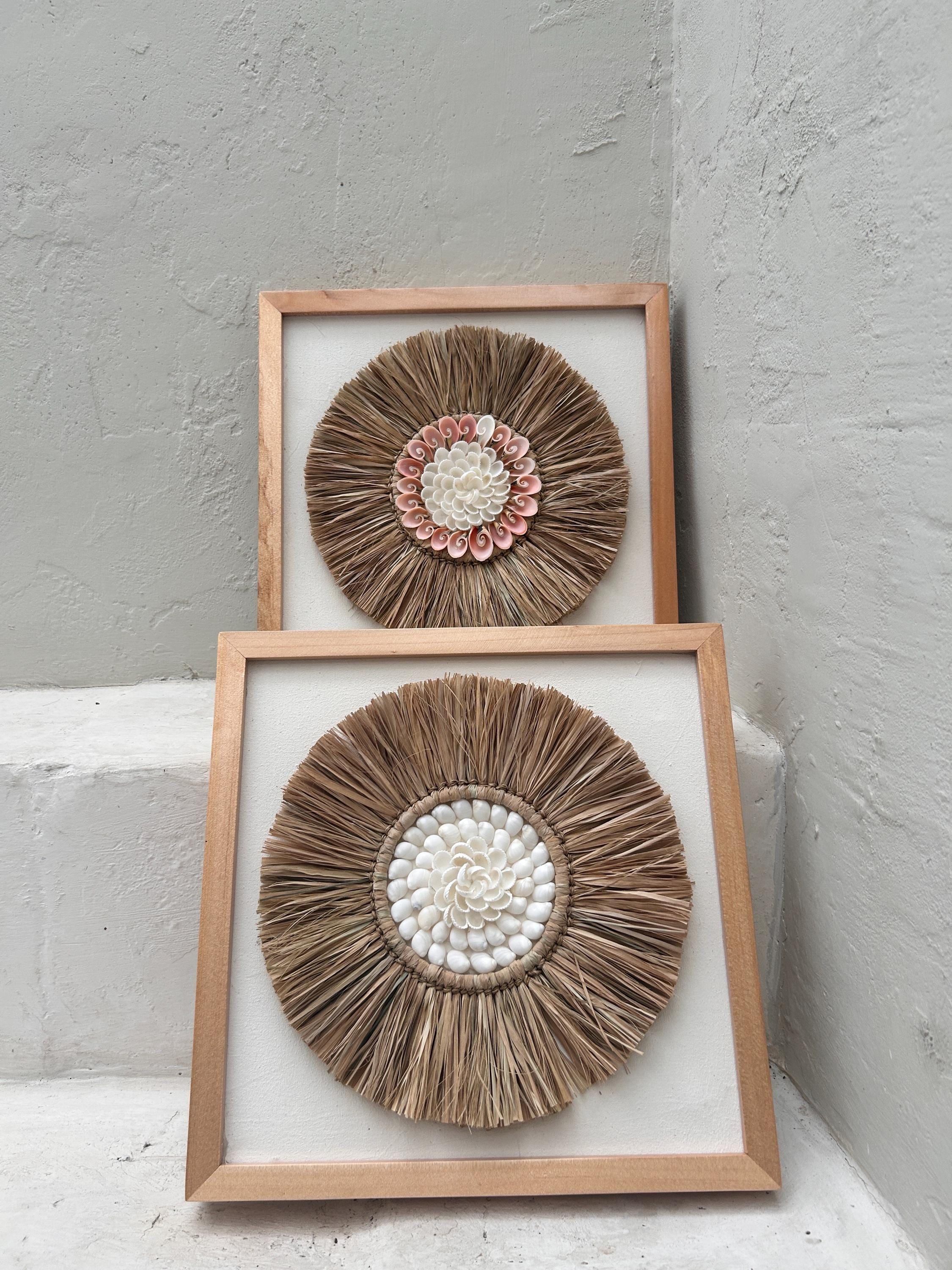 Handmade Seashell Wall Art with Raffia – Framed Boho Coastal Beach House Decor