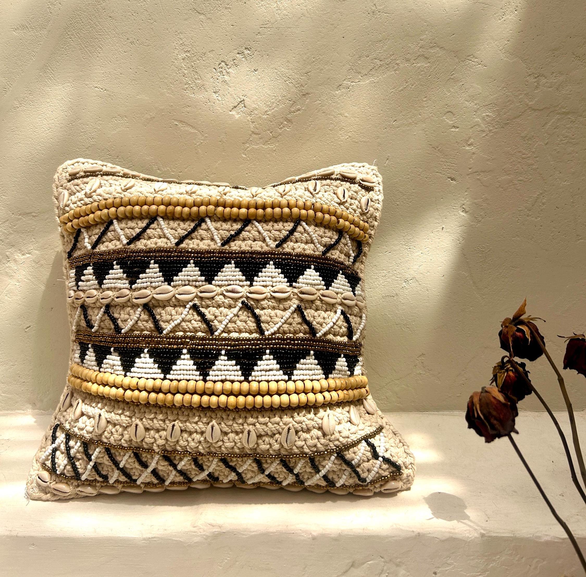 Black - Brown Boho Beaded Throw Pillow Cover | Decorative Pillow Cover | Beach House Pillow