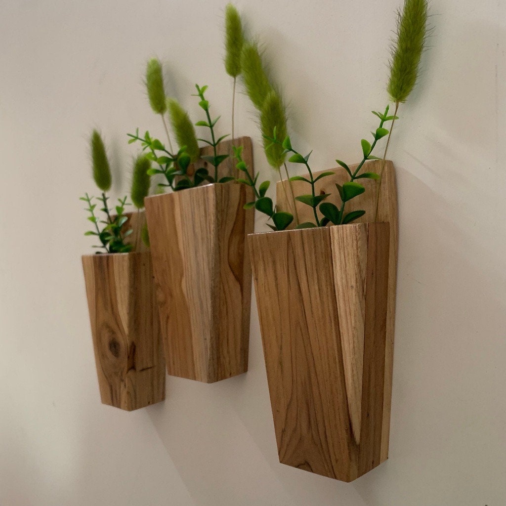 Set of 3 Rustic Wooden vase | Dried flower wooden vase | wooden vase with faux flower | Rustic decor | Gift for her | housewarming gifts