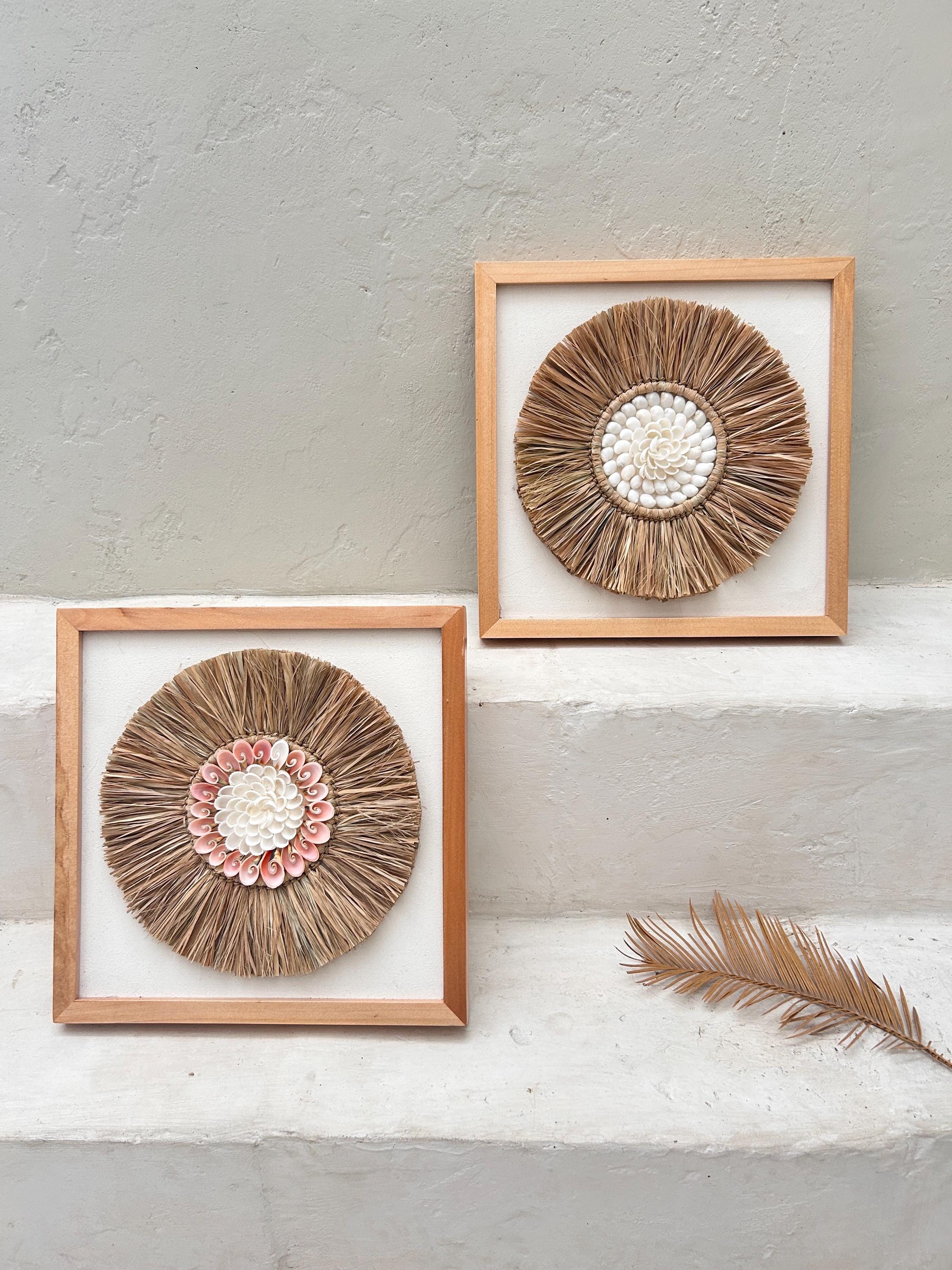 Handmade Seashell Wall Art with Raffia – Framed Boho Coastal Beach House Decor