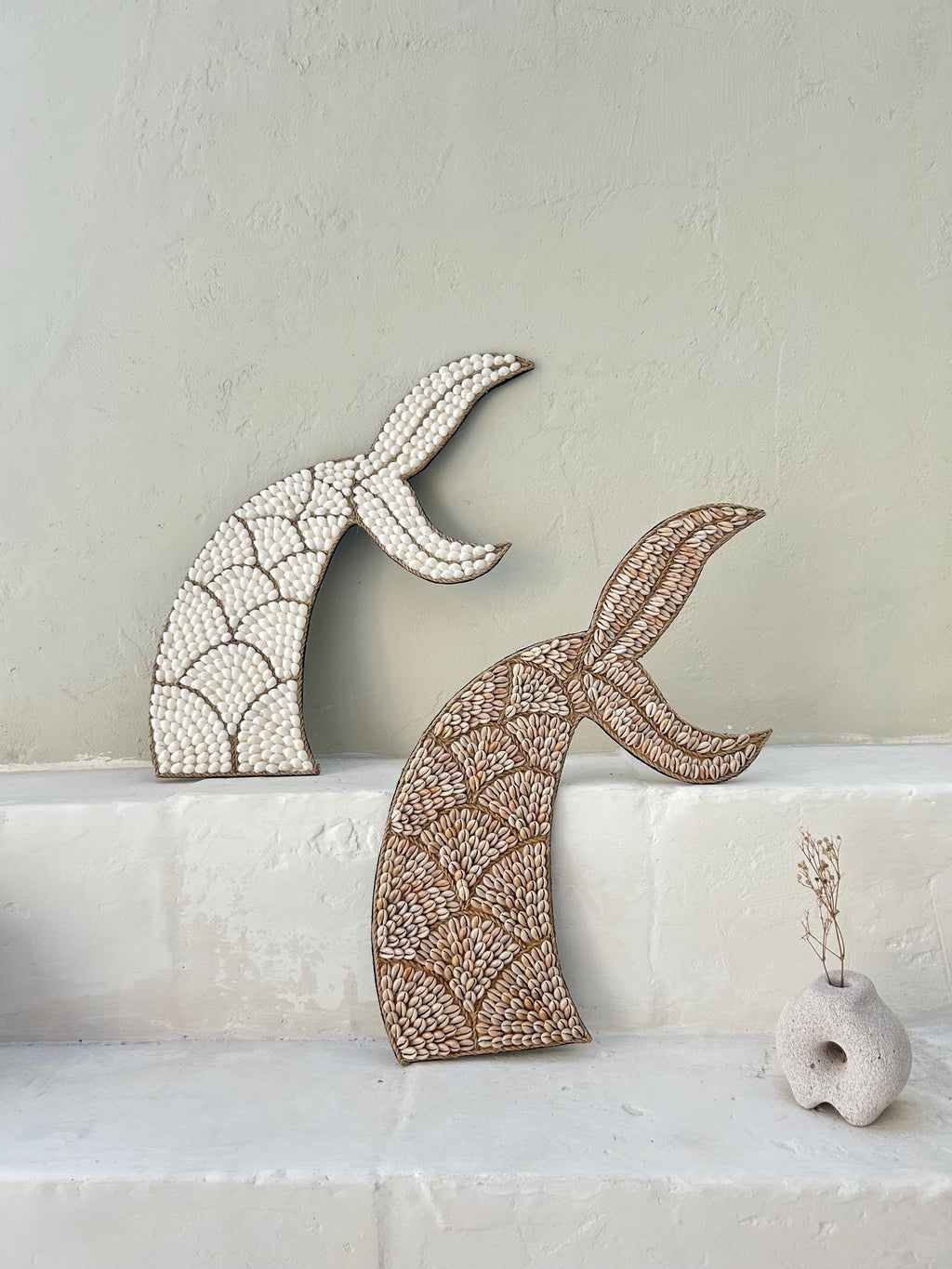 Whale Tail Shape Boho Wall Hanging Decor from White Shells